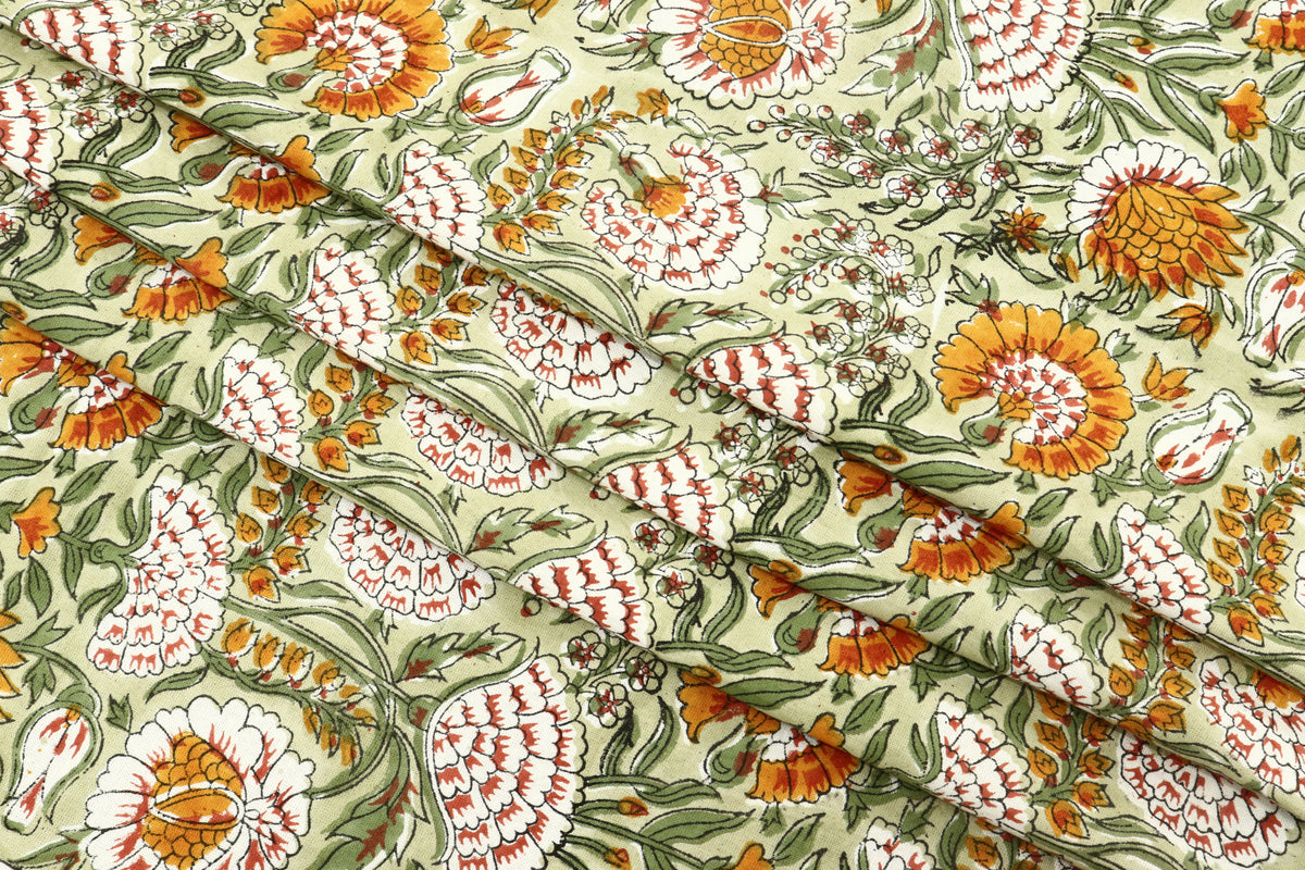 Mughal Floral Print Cotton Fabric: Indian Block Print By The Yard