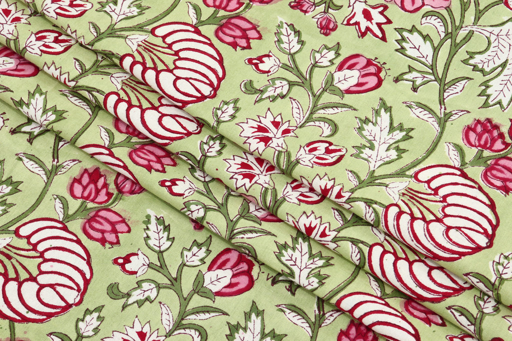 Green and Pink colour Pure Cotton Block Print Fabric by the Yard, fabric by the meter, Indian Wood Block, Handstamped
