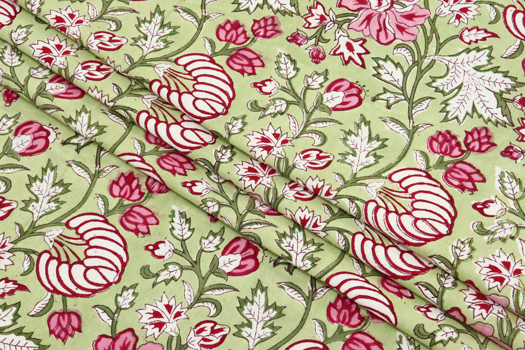 Green and Pink colour Pure Cotton Block Print Fabric by the Yard, fabric by the meter, Indian Wood Block, Handstamped