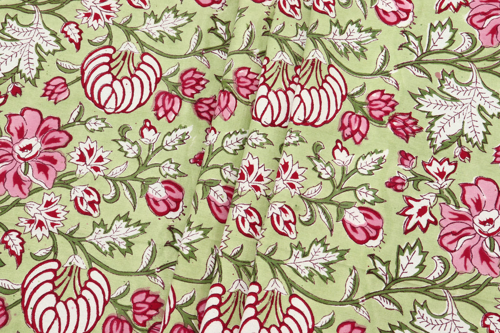 Green and Pink colour Pure Cotton Block Print Fabric by the Yard, fabric by the meter, Indian Wood Block, Handstamped