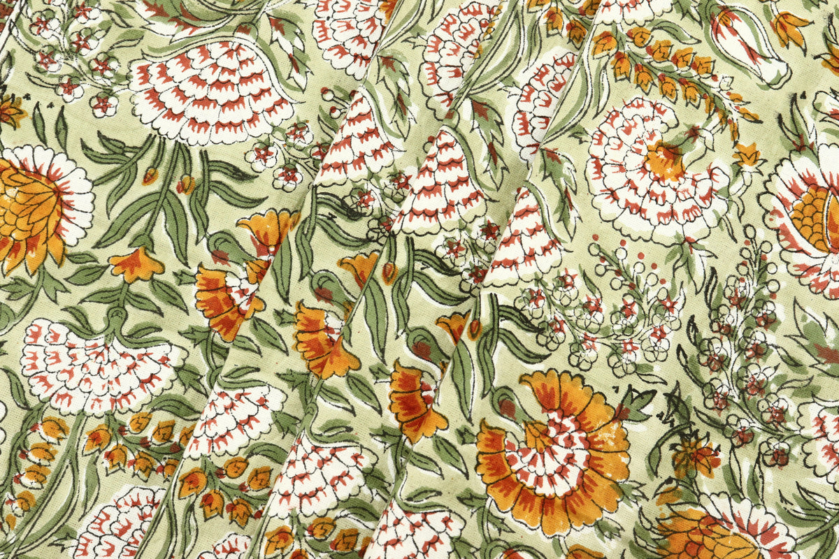 Mughal Floral Print Cotton Fabric: Indian Block Print By The Yard