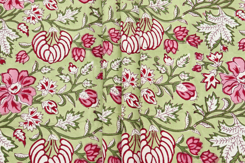 Green and Pink colour Pure Cotton Block Print Fabric by the Yard, fabric by the meter, Indian Wood Block, Handstamped