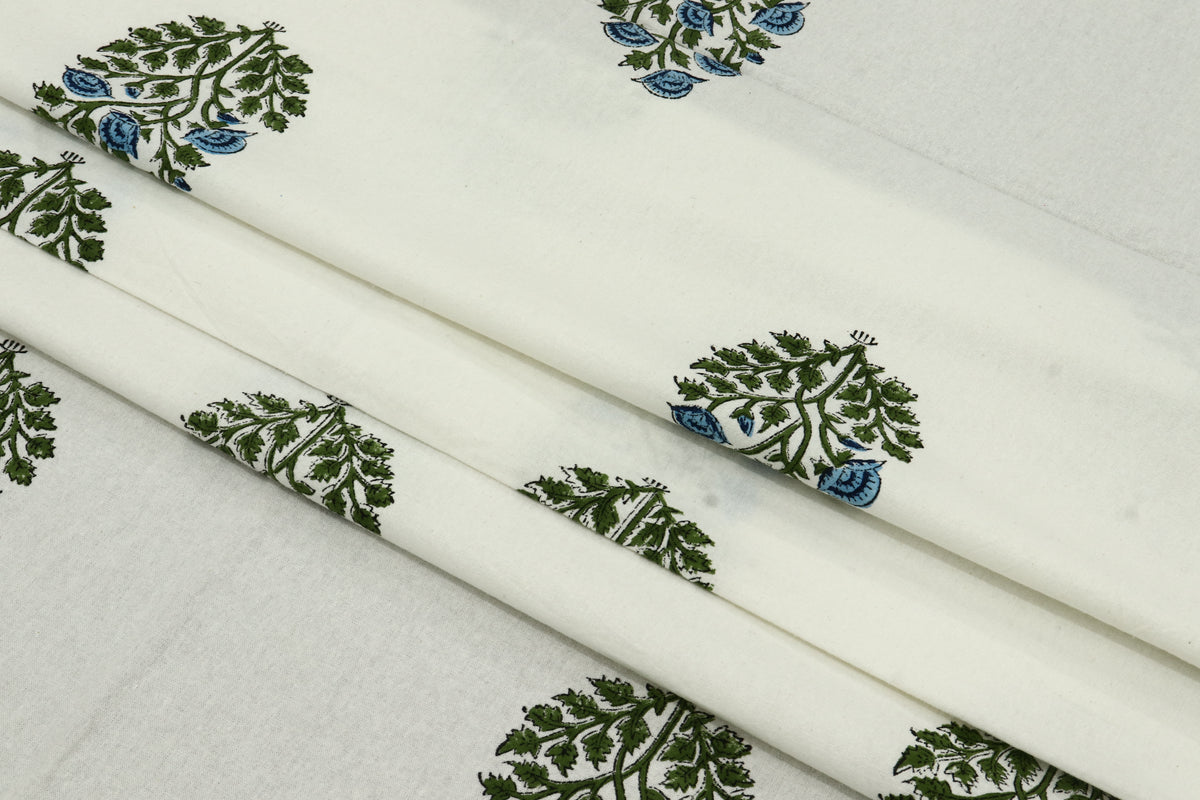 Hand Block Print Cotton Fabric: Indian Floral Mughal Design