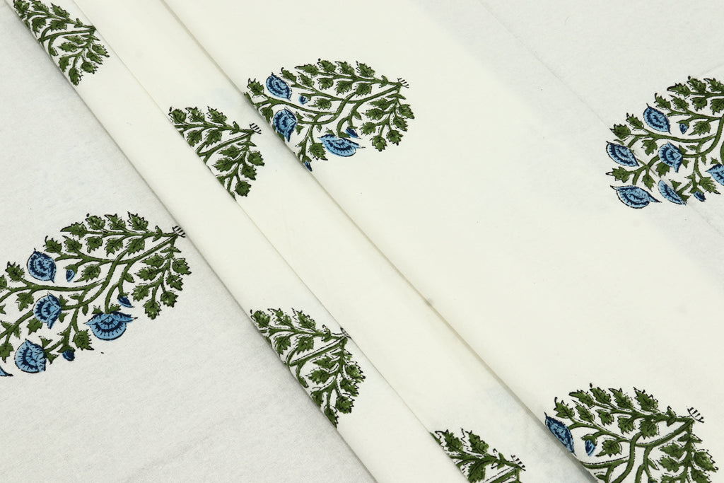 Hand Block Print Cotton Fabric: Indian Floral Mughal Design