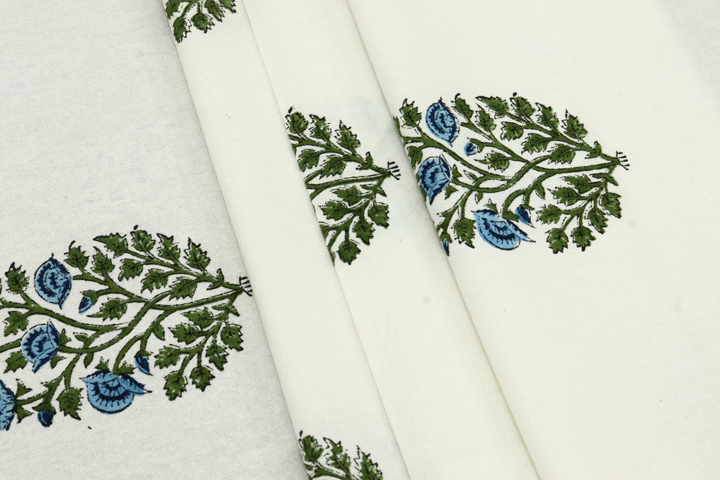Hand Block Print Cotton Fabric: Indian Floral Mughal Design
