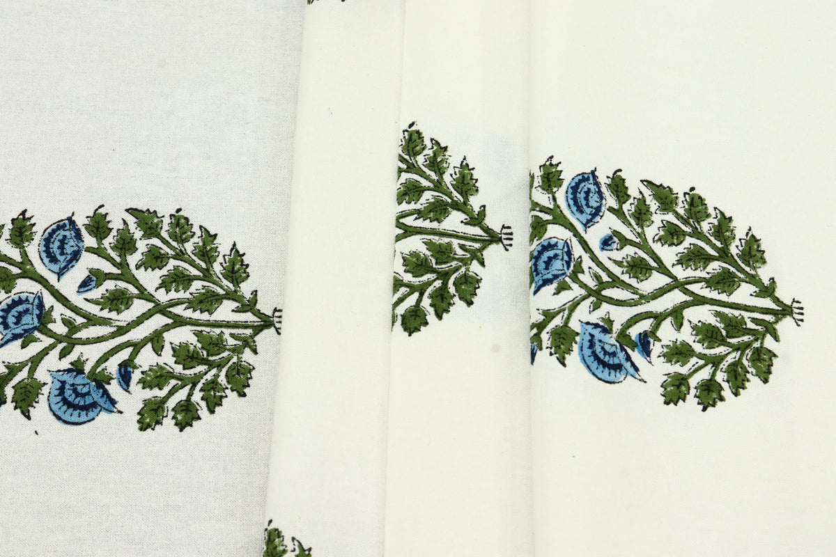 Hand Block Print Cotton Fabric: Indian Floral Mughal Design