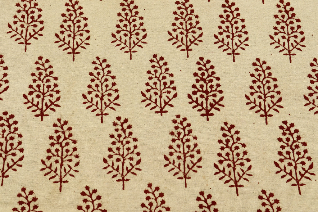 Hand Block Print Cotton Fabric: Beige and Red Floral Indian Fabric