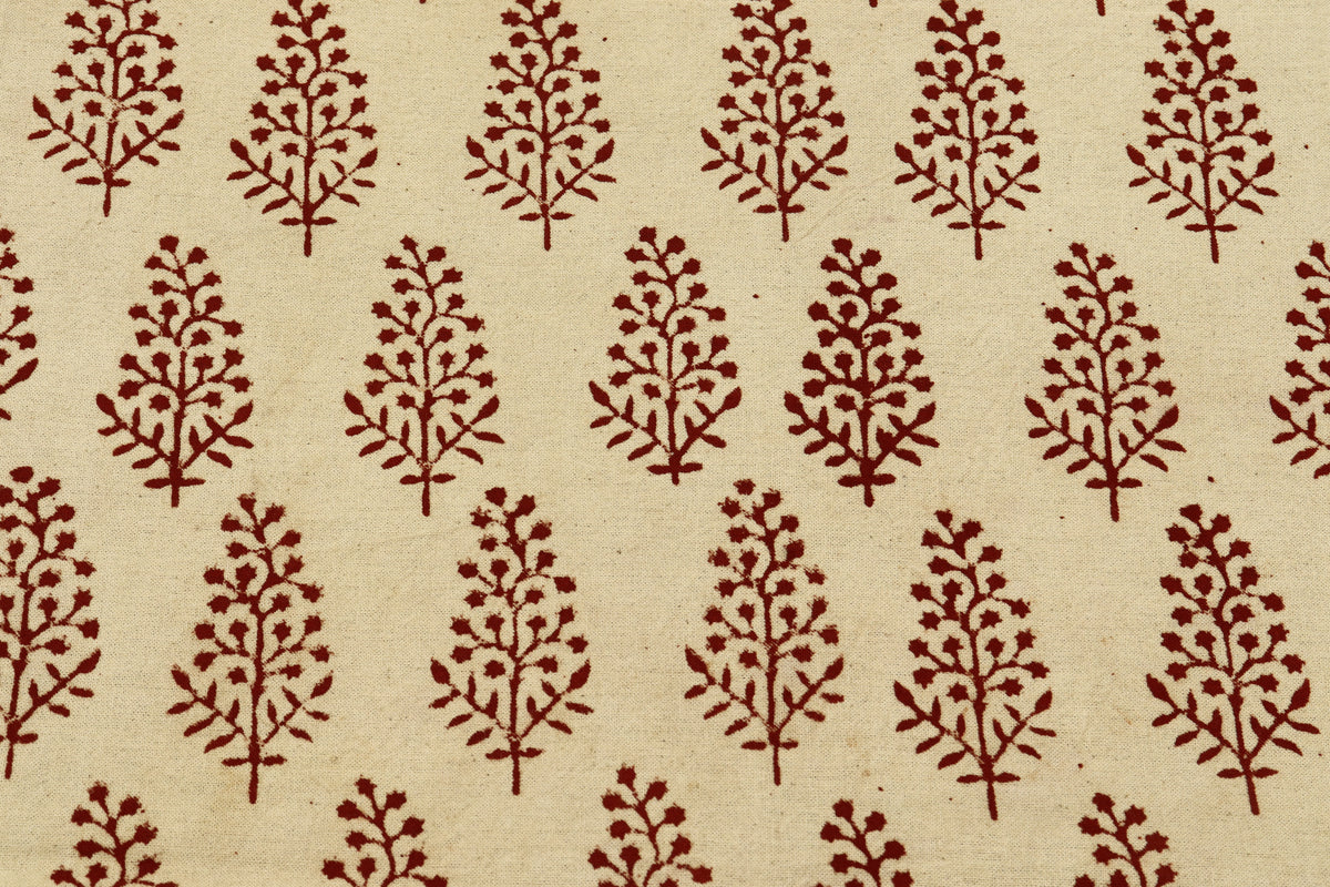 Hand Block Print Cotton Fabric: Beige and Red Floral Indian Fabric