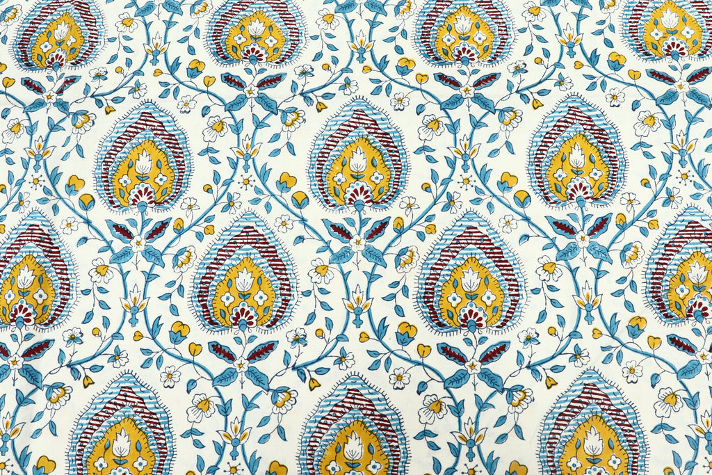 Blue & Yellow Floral Blockprint Cotton Fabric - Indian Handstamped Fabric