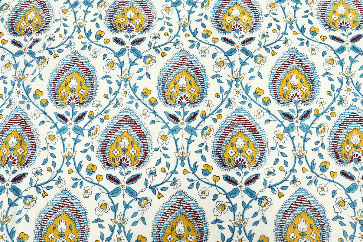 Blue & Yellow Floral Blockprint Cotton Fabric - Indian Handstamped Fabric