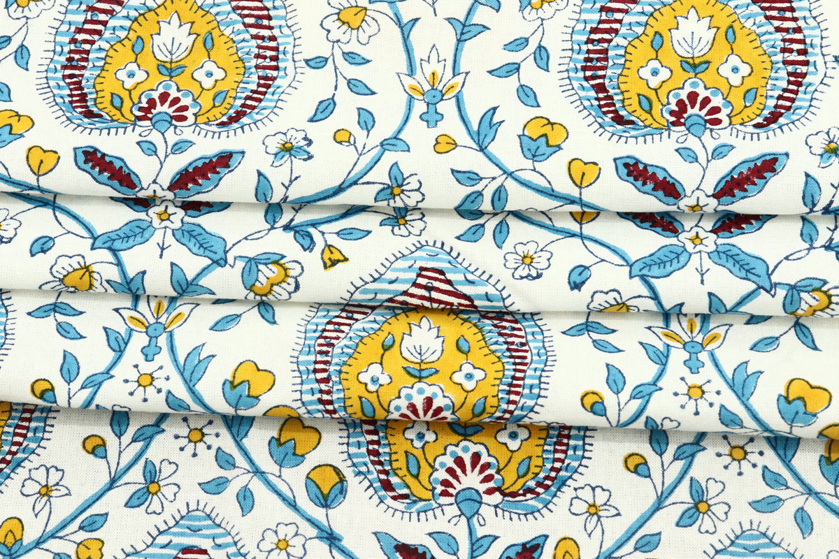 Blue & Yellow Floral Blockprint Cotton Fabric - Indian Handstamped Fabric