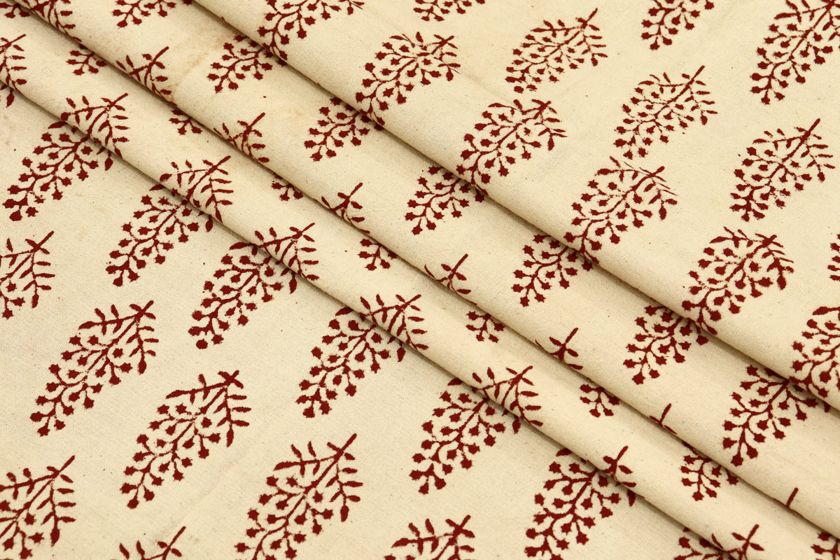 Hand Block Print Cotton Fabric: Beige and Red Floral Indian Fabric