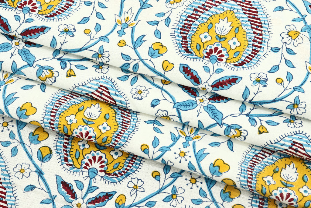 Blue & Yellow Floral Blockprint Cotton Fabric - Indian Handstamped Fabric