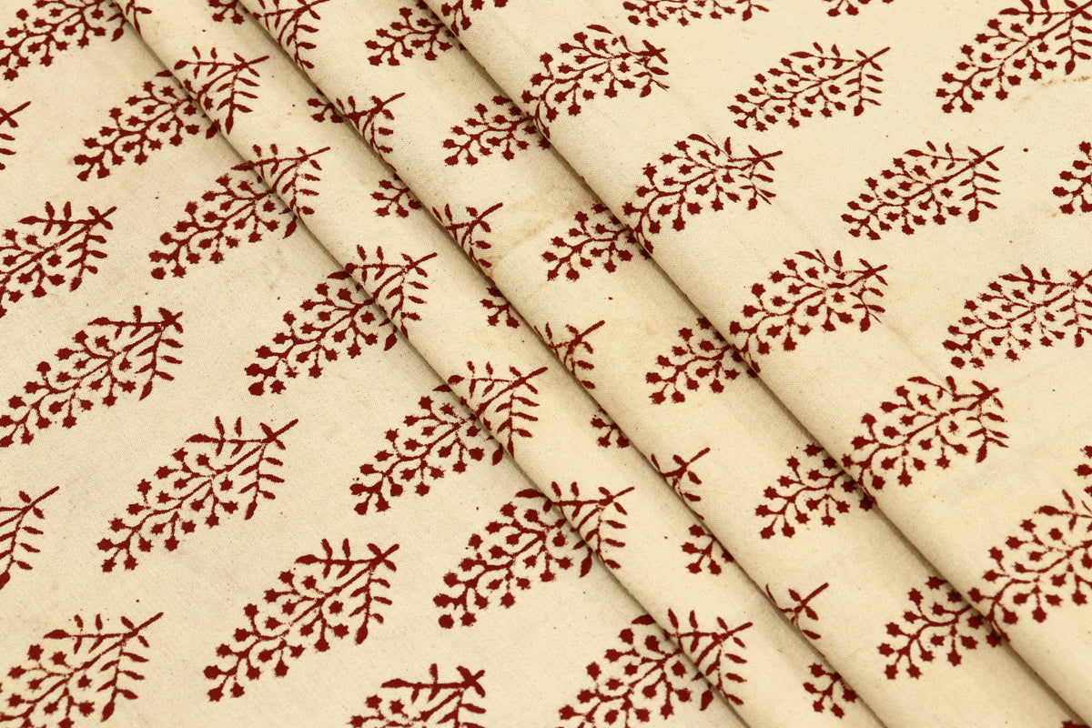 Hand Block Print Cotton Fabric: Beige and Red Floral Indian Fabric