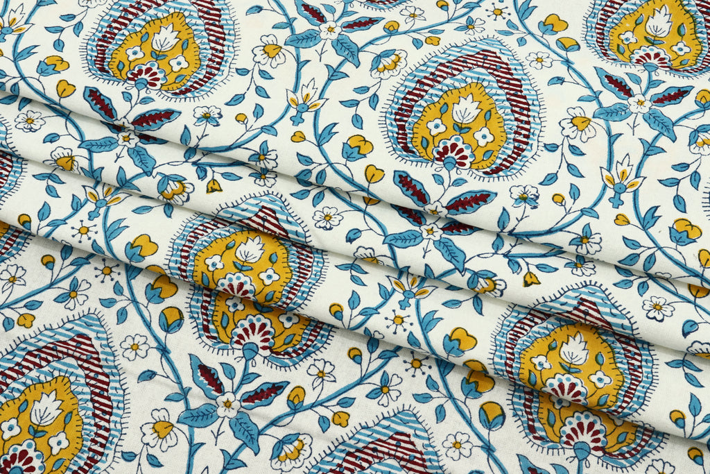 Blue & Yellow Floral Blockprint Cotton Fabric - Indian Handstamped Fabric