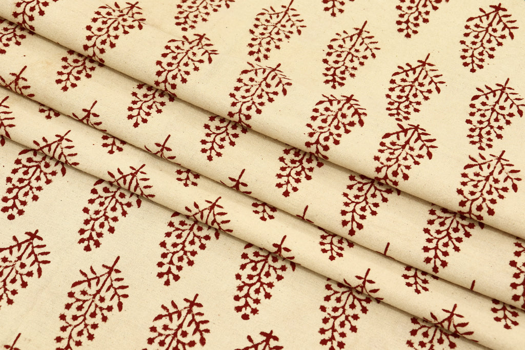 Hand Block Print Cotton Fabric: Beige and Red Floral Indian Fabric
