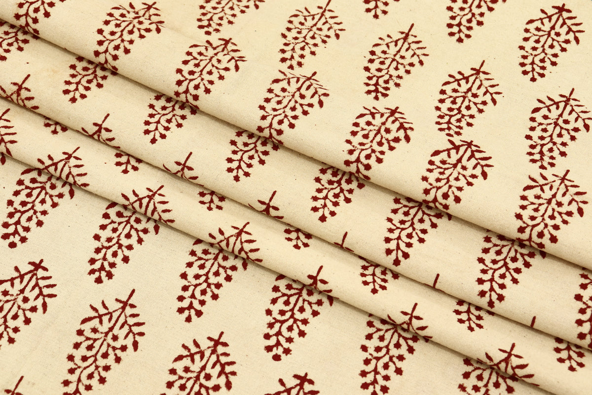 Hand Block Print Cotton Fabric: Beige and Red Floral Indian Fabric