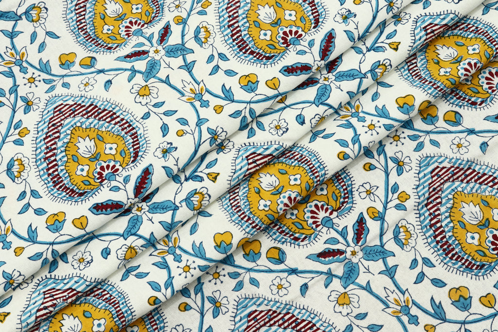 Blue & Yellow Floral Blockprint Cotton Fabric - Indian Handstamped Fabric