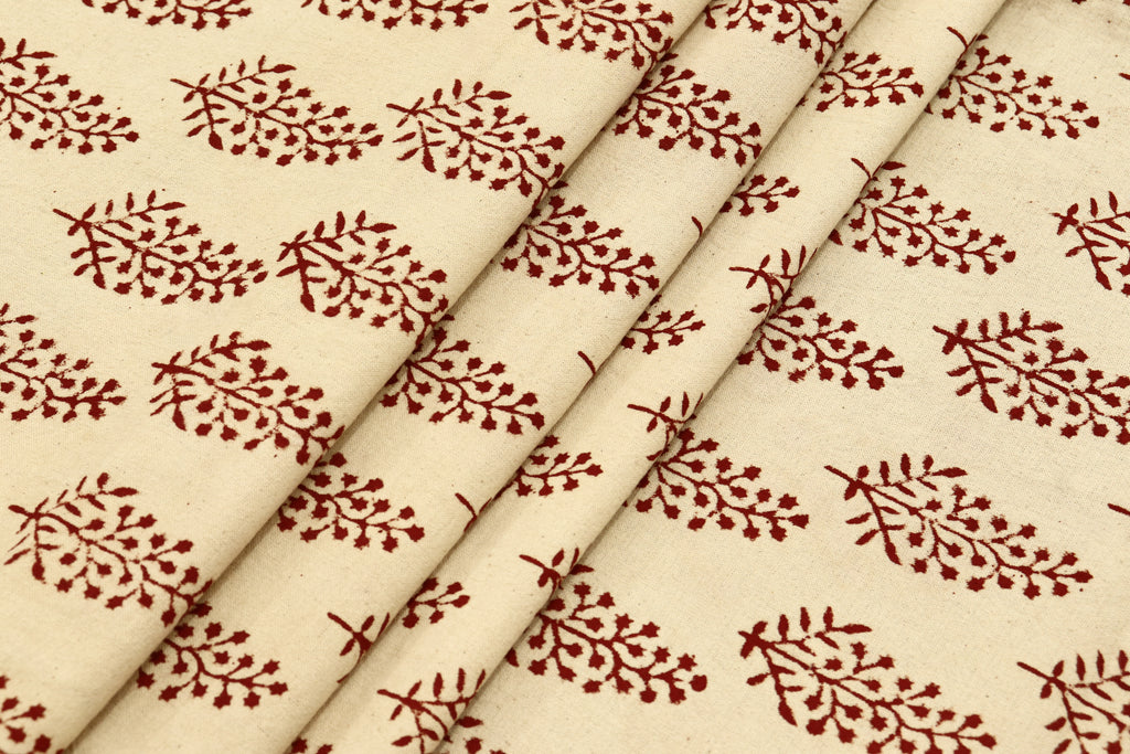 Hand Block Print Cotton Fabric: Beige and Red Floral Indian Fabric