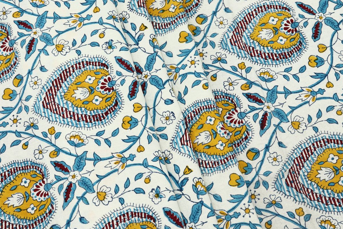 Blue & Yellow Floral Blockprint Cotton Fabric - Indian Handstamped Fabric
