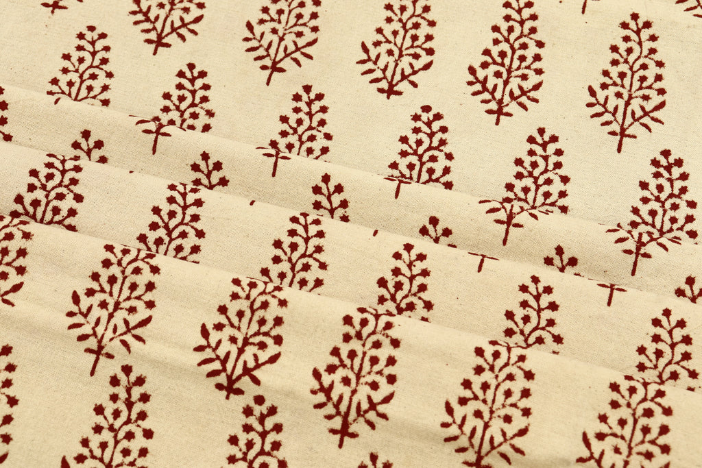 Hand Block Print Cotton Fabric: Beige and Red Floral Indian Fabric