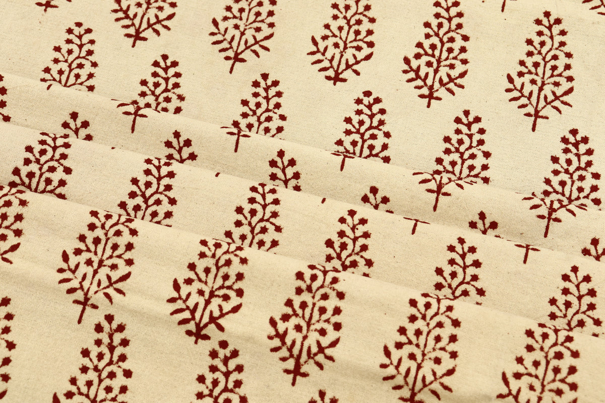 Hand Block Print Cotton Fabric: Beige and Red Floral Indian Fabric