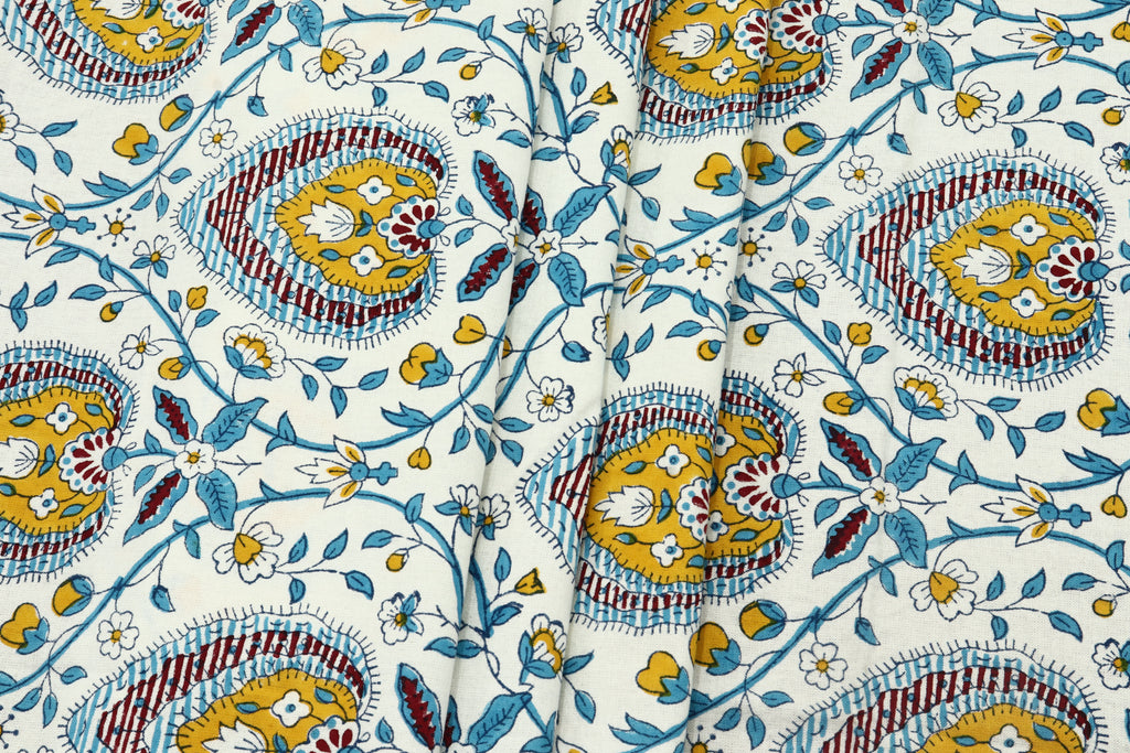 Blue & Yellow Floral Blockprint Cotton Fabric - Indian Handstamped Fabric