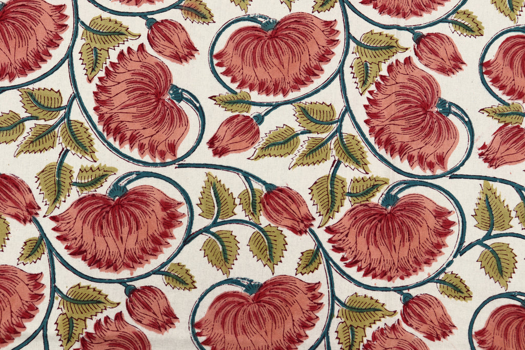 Mughal Print Cotton Fabric: Red & Gold Floral, Indian Block Print