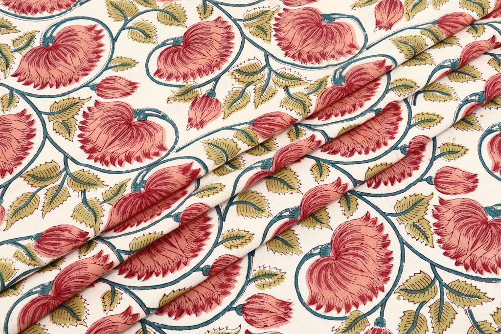Mughal Print Cotton Fabric: Red & Gold Floral, Indian Block Print