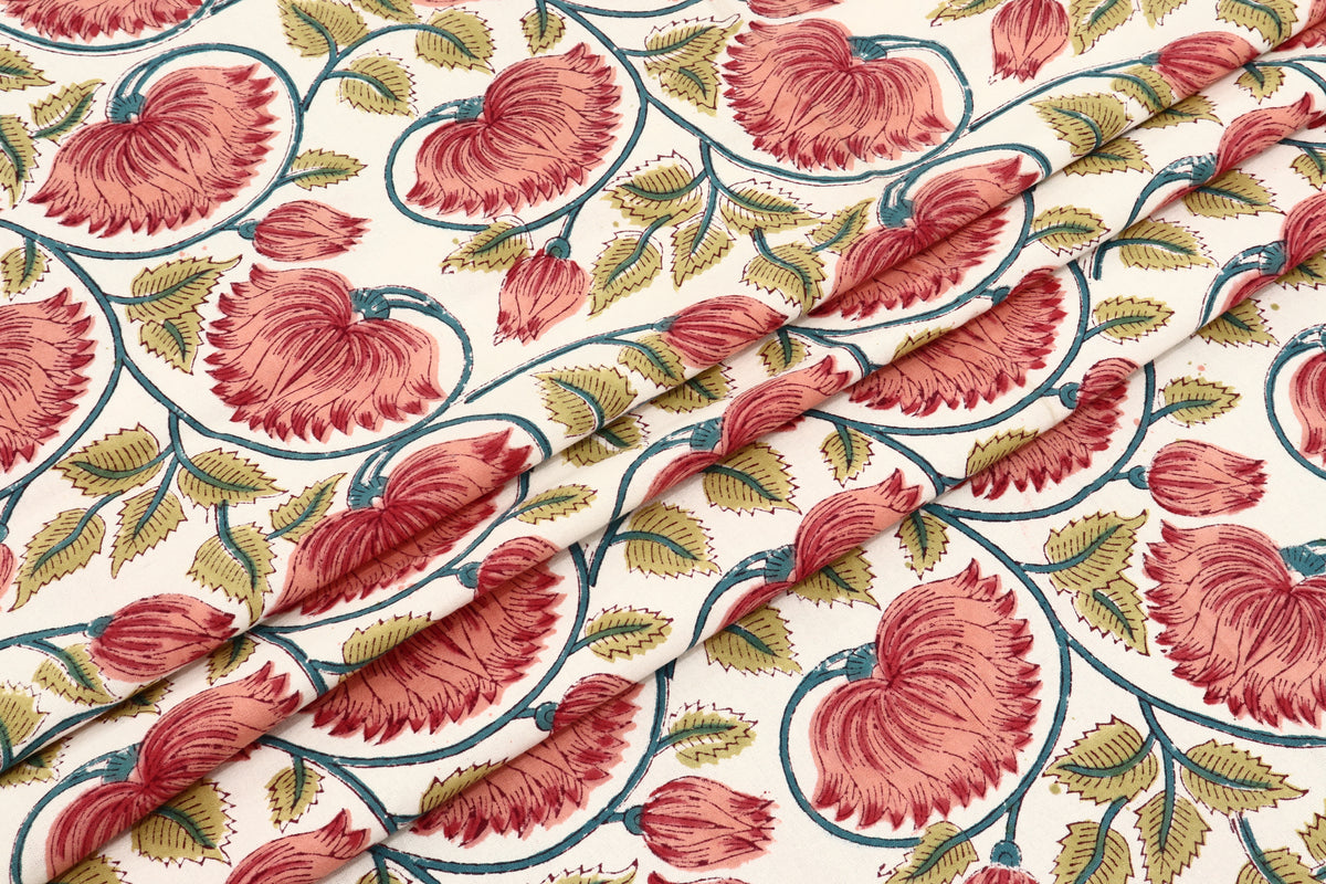 Mughal Print Cotton Fabric: Red & Gold Floral, Indian Block Print