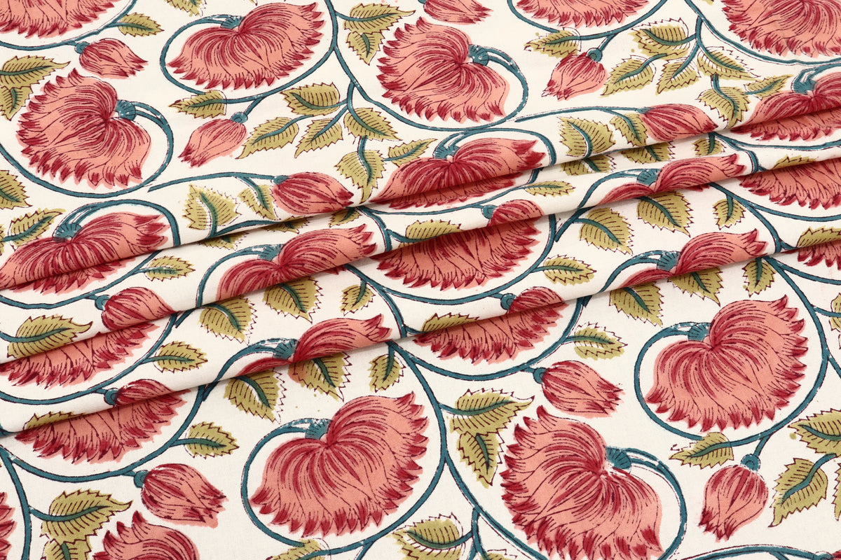 Mughal Print Cotton Fabric: Red & Gold Floral, Indian Block Print