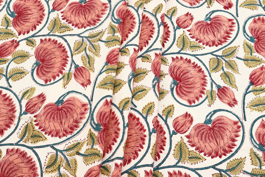 Mughal Print Cotton Fabric: Red & Gold Floral, Indian Block Print