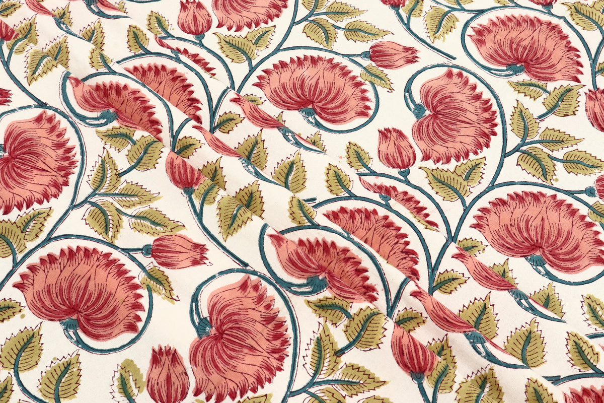 Mughal Print Cotton Fabric: Red & Gold Floral, Indian Block Print