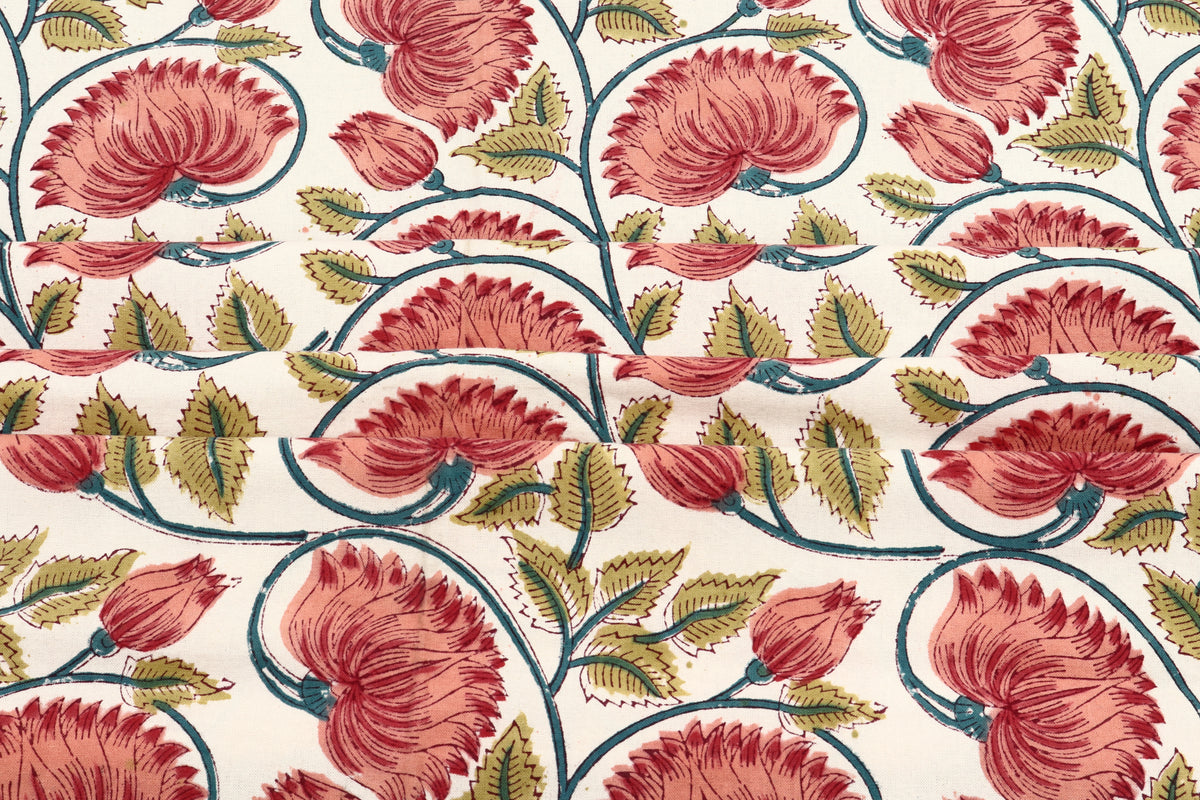 Mughal Print Cotton Fabric: Red & Gold Floral, Indian Block Print