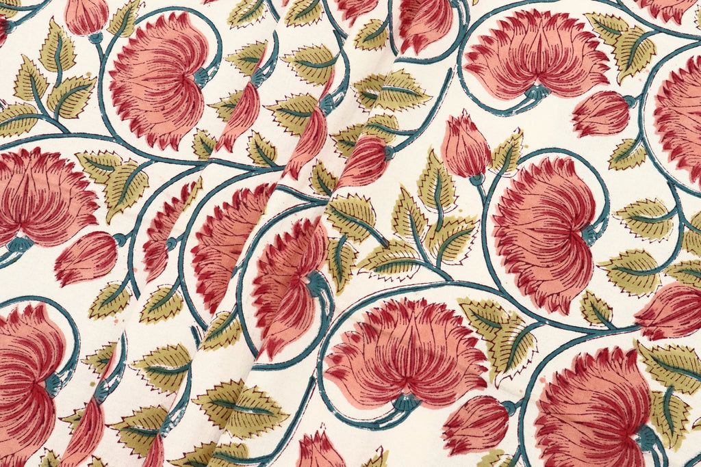 Mughal Print Cotton Fabric: Red & Gold Floral, Indian Block Print