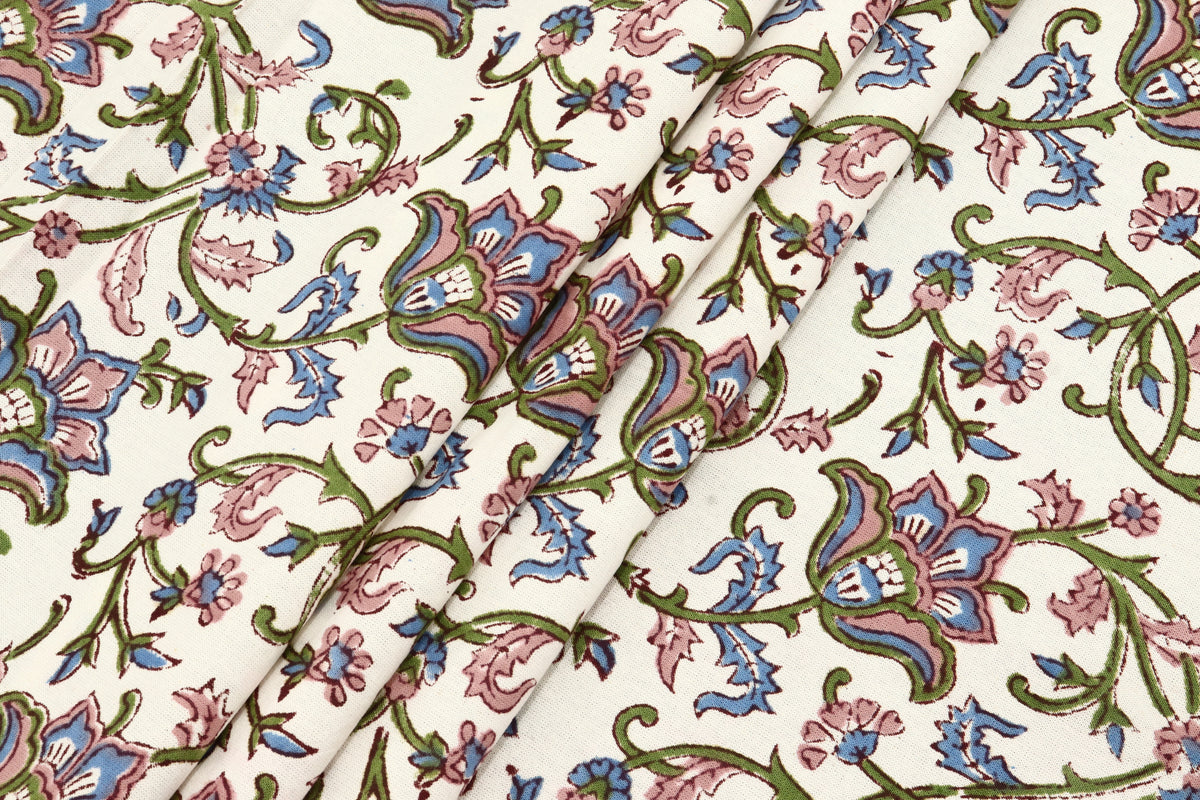 Mughal Floral Print Cotton Fabric: Hand-Stamped Indian Fabric By Yard