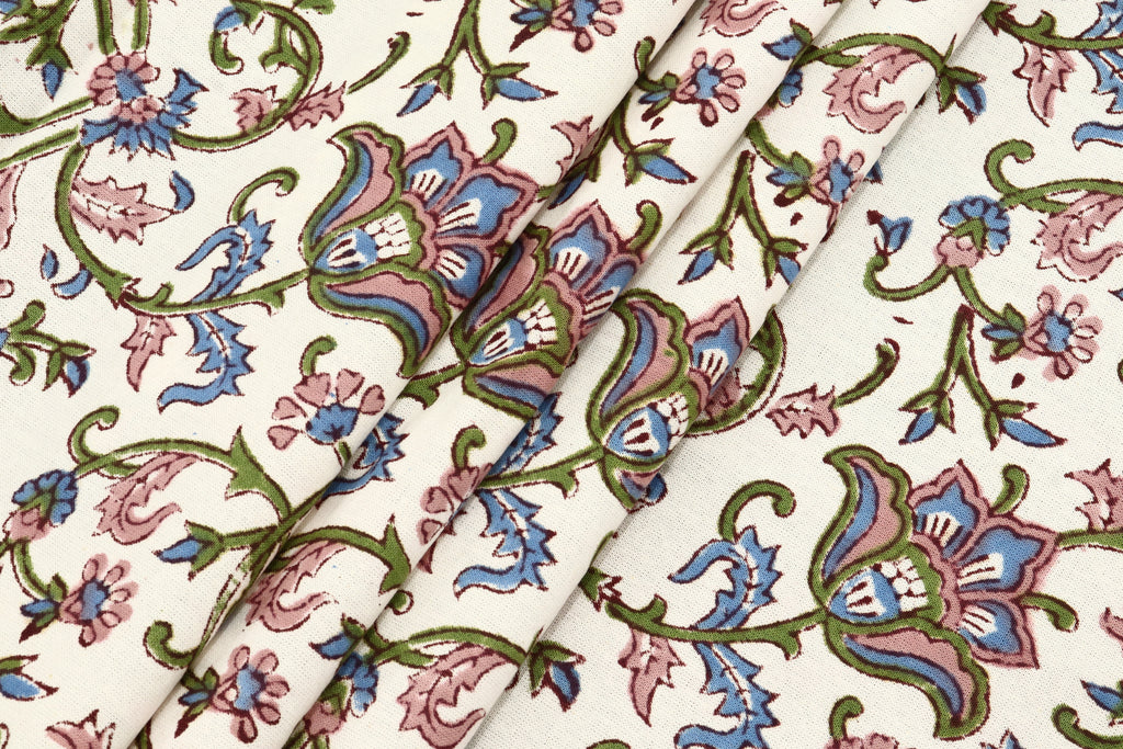 Mughal Floral Print Cotton Fabric: Hand-Stamped Indian Fabric By Yard