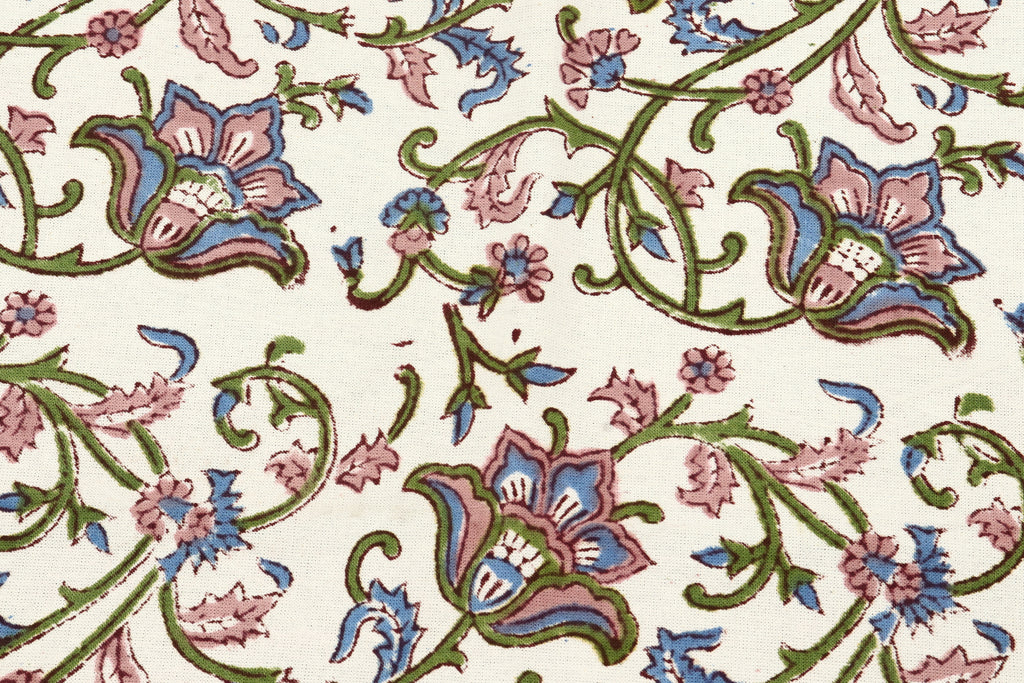 Mughal Floral Print Cotton Fabric: Hand-Stamped Indian Fabric By Yard