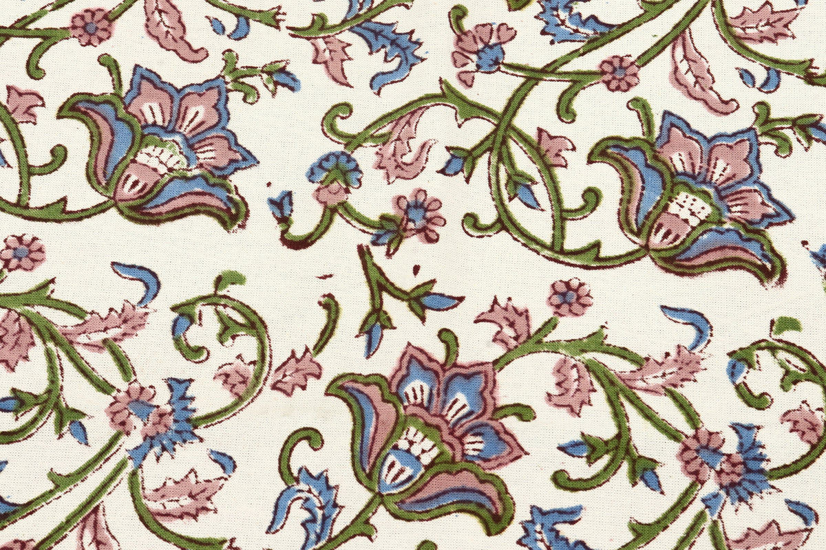 Mughal Floral Print Cotton Fabric: Hand-Stamped Indian Fabric By Yard