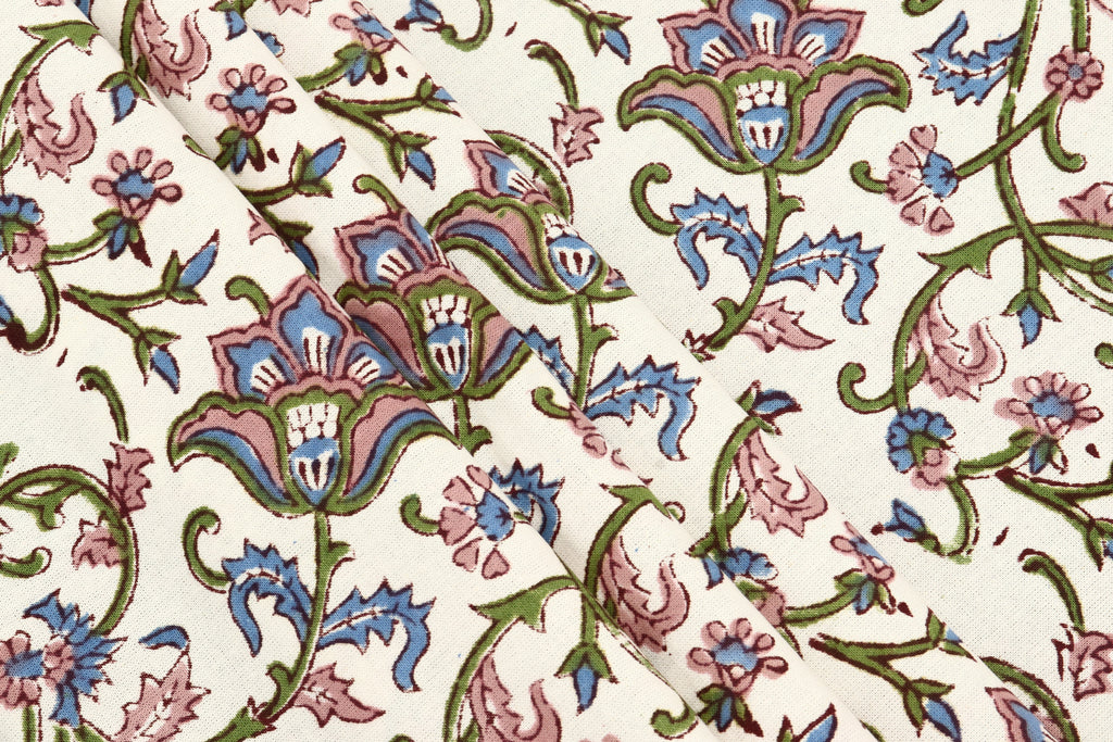 Mughal Floral Print Cotton Fabric: Hand-Stamped Indian Fabric By Yard