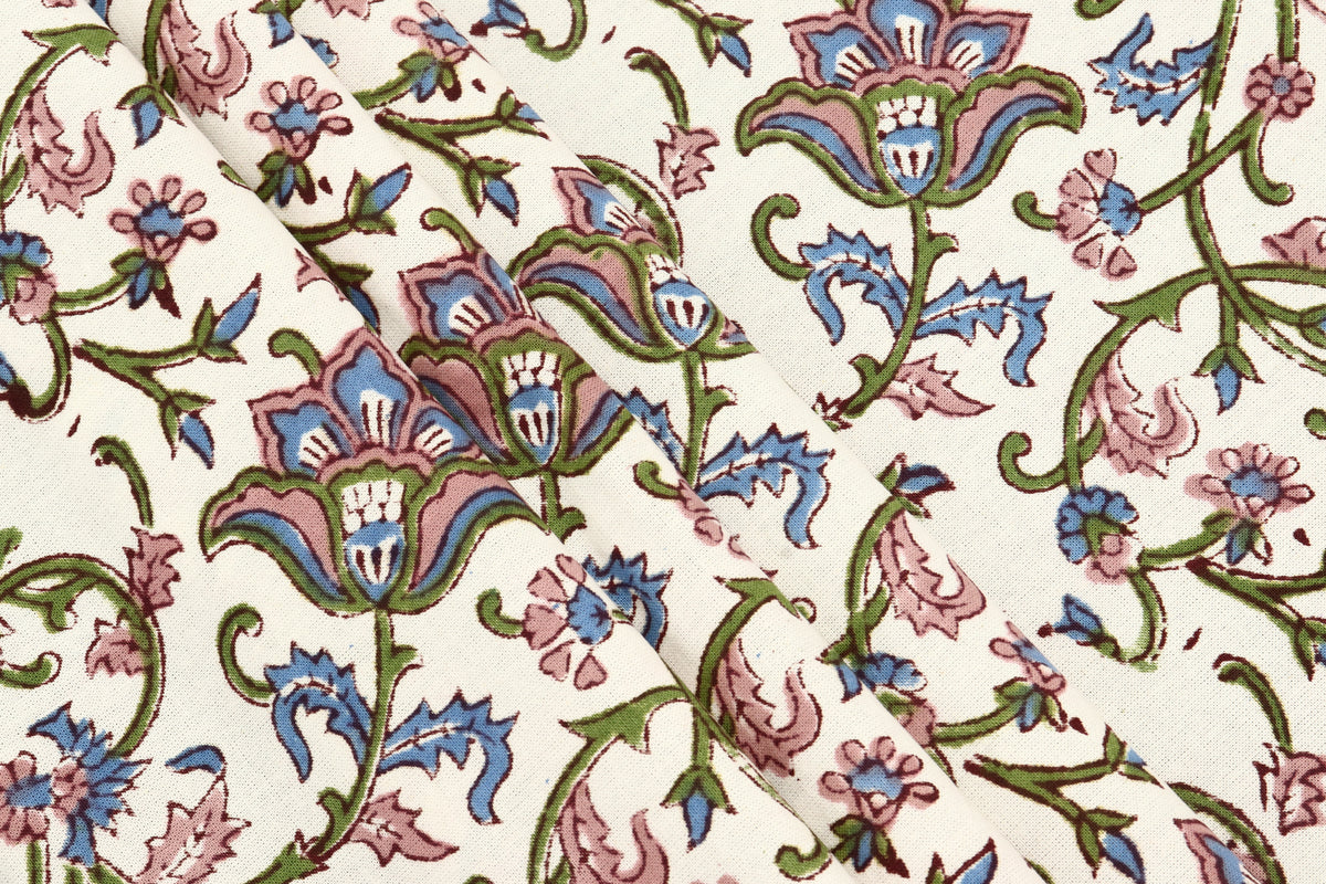 Mughal Floral Print Cotton Fabric: Hand-Stamped Indian Fabric By Yard