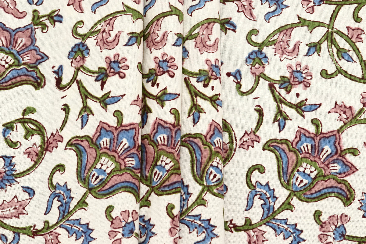 Mughal Floral Print Cotton Fabric: Hand-Stamped Indian Fabric By Yard