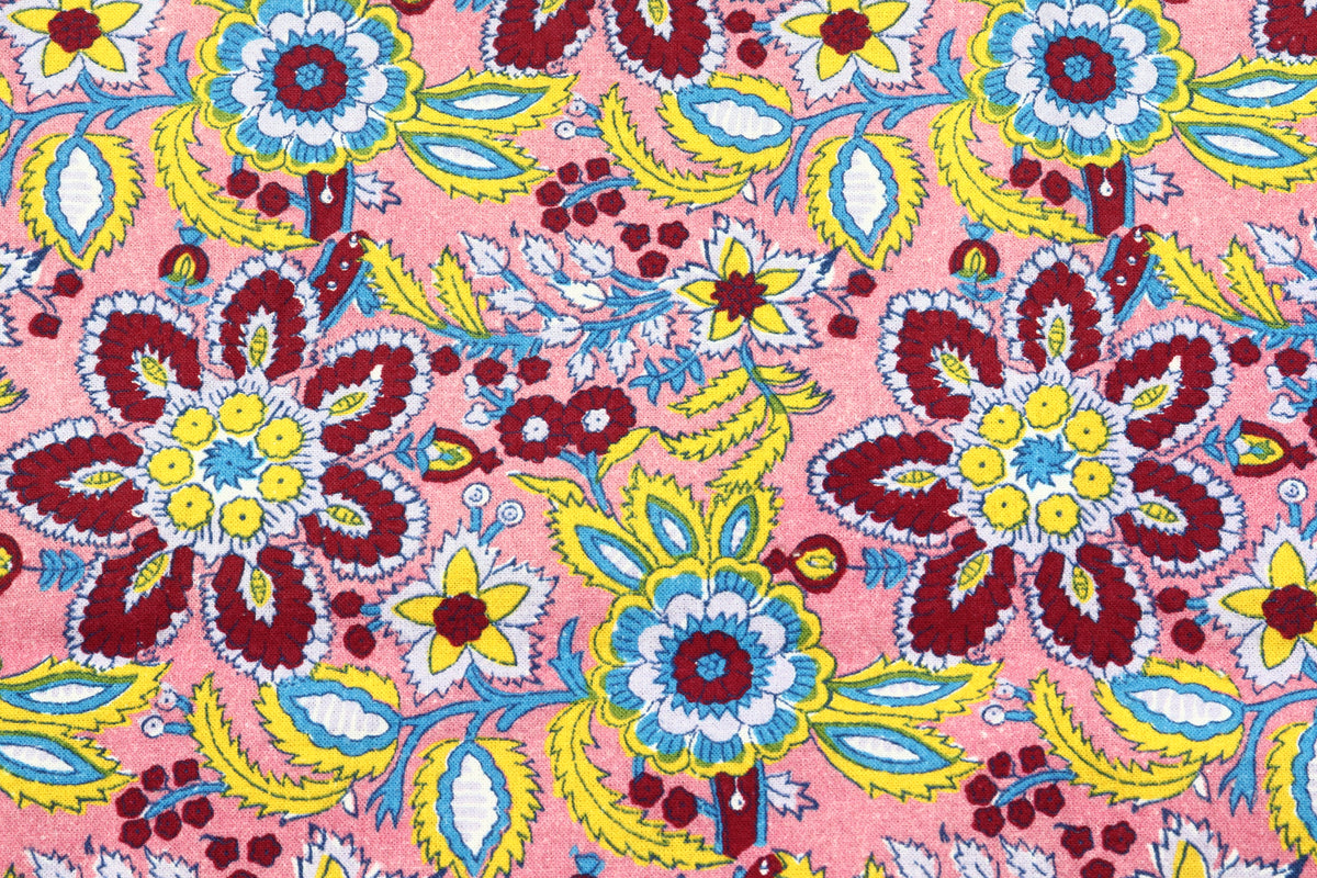 Mughal Floral Print Cotton Fabric: Pink Maroon Handstamped Cloth