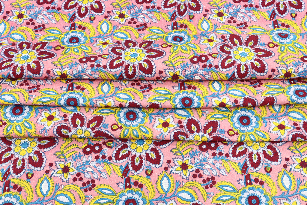 Mughal Floral Print Cotton Fabric: Pink Maroon Handstamped Cloth