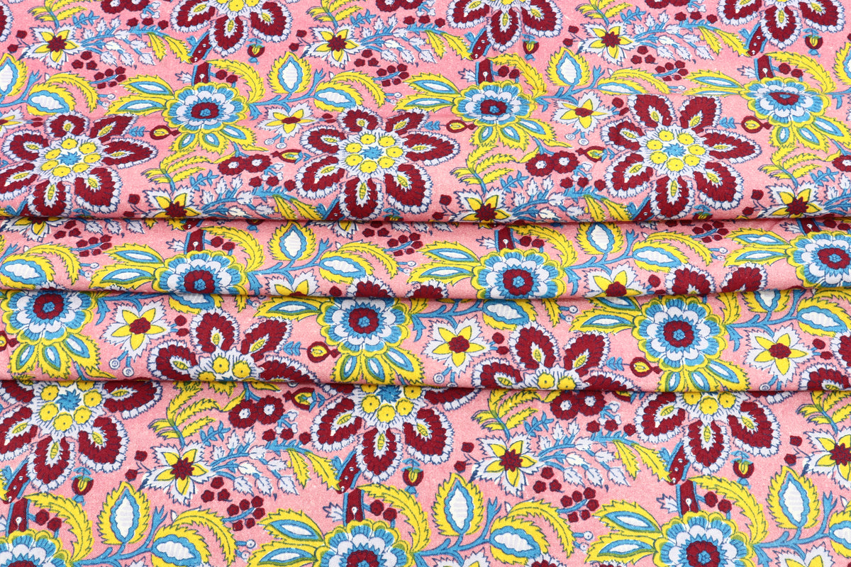 Mughal Floral Print Cotton Fabric: Pink Maroon Handstamped Cloth