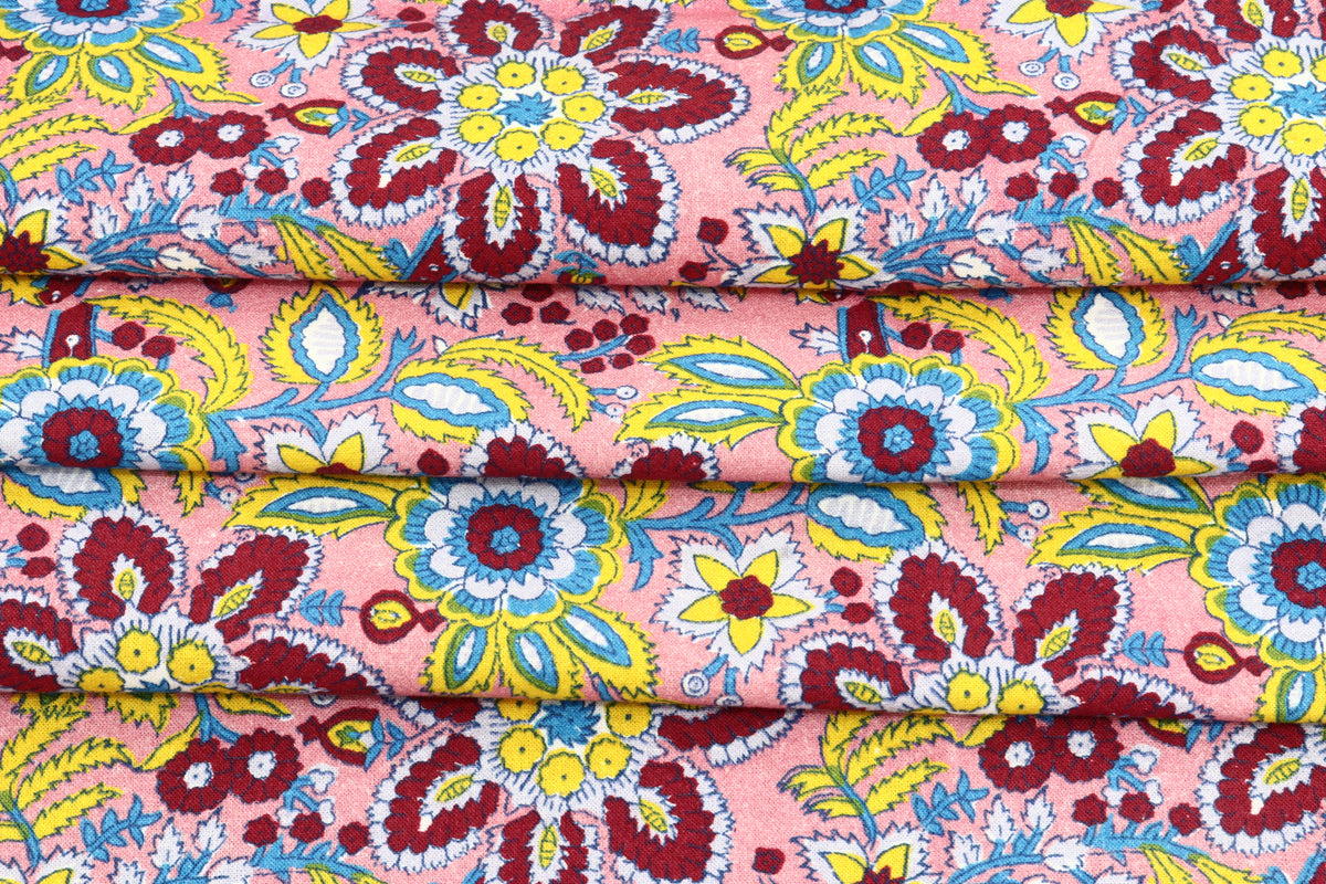 Mughal Floral Print Cotton Fabric: Pink Maroon Handstamped Cloth
