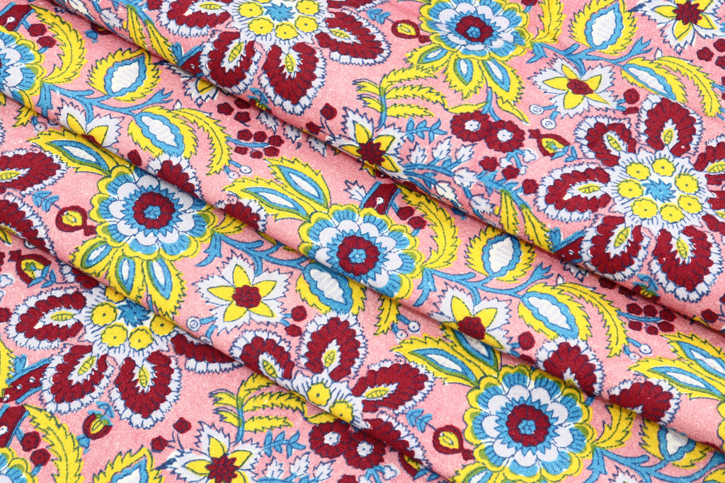 Mughal Floral Print Cotton Fabric: Pink Maroon Handstamped Cloth