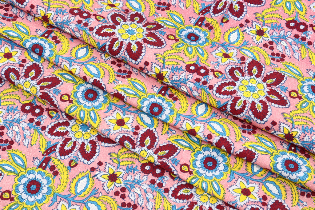 Mughal Floral Print Cotton Fabric: Pink Maroon Handstamped Cloth