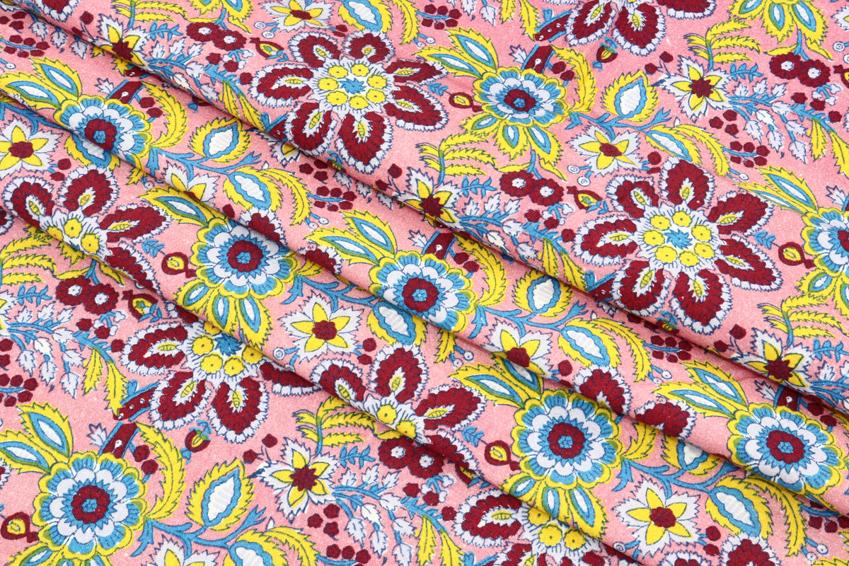 Mughal Floral Print Cotton Fabric: Pink Maroon Handstamped Cloth