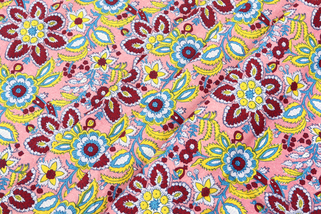 Mughal Floral Print Cotton Fabric: Pink Maroon Handstamped Cloth